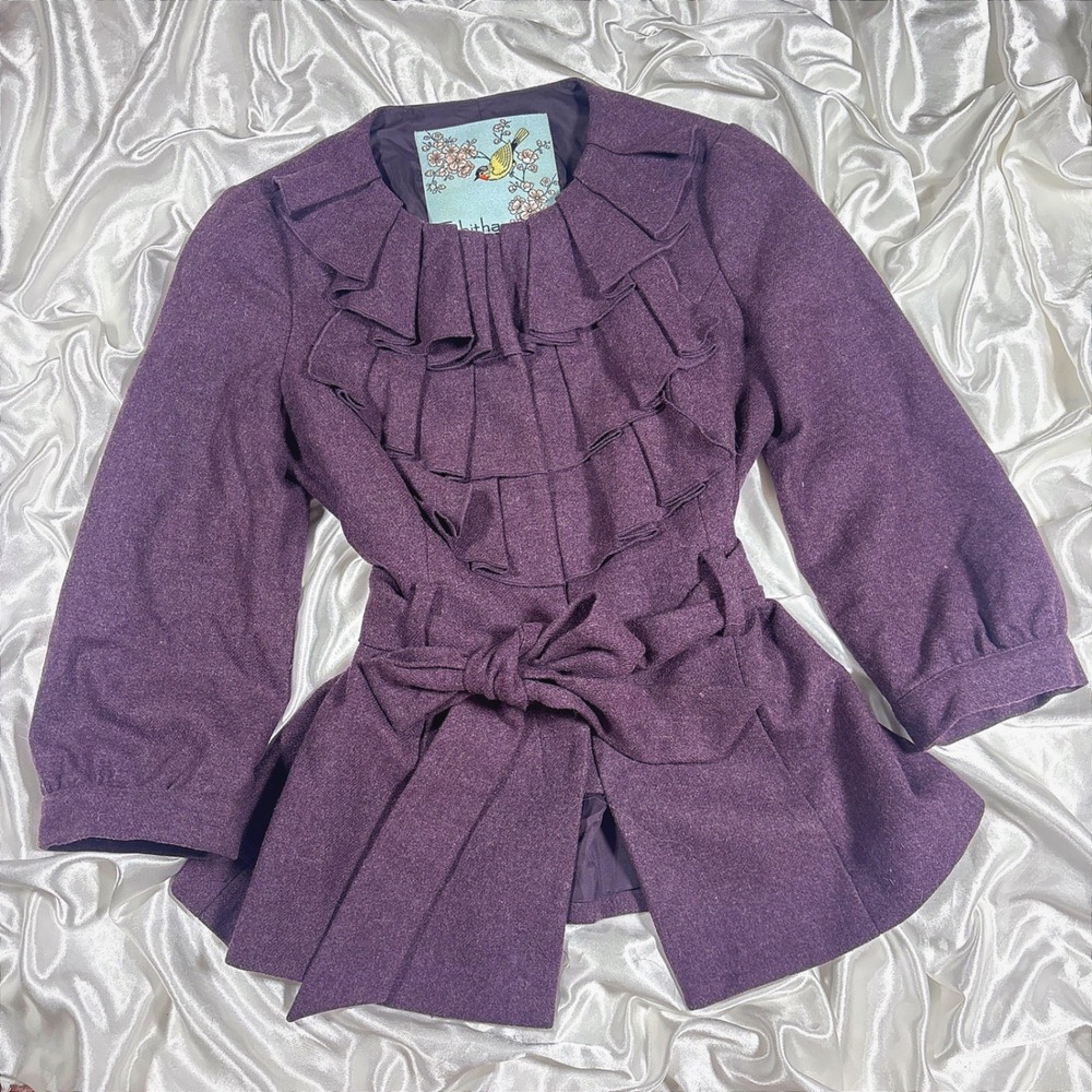 vintage Tabitha Anthropologie Jacket Purple Excellent Ruffle Belted Wool Blend 2